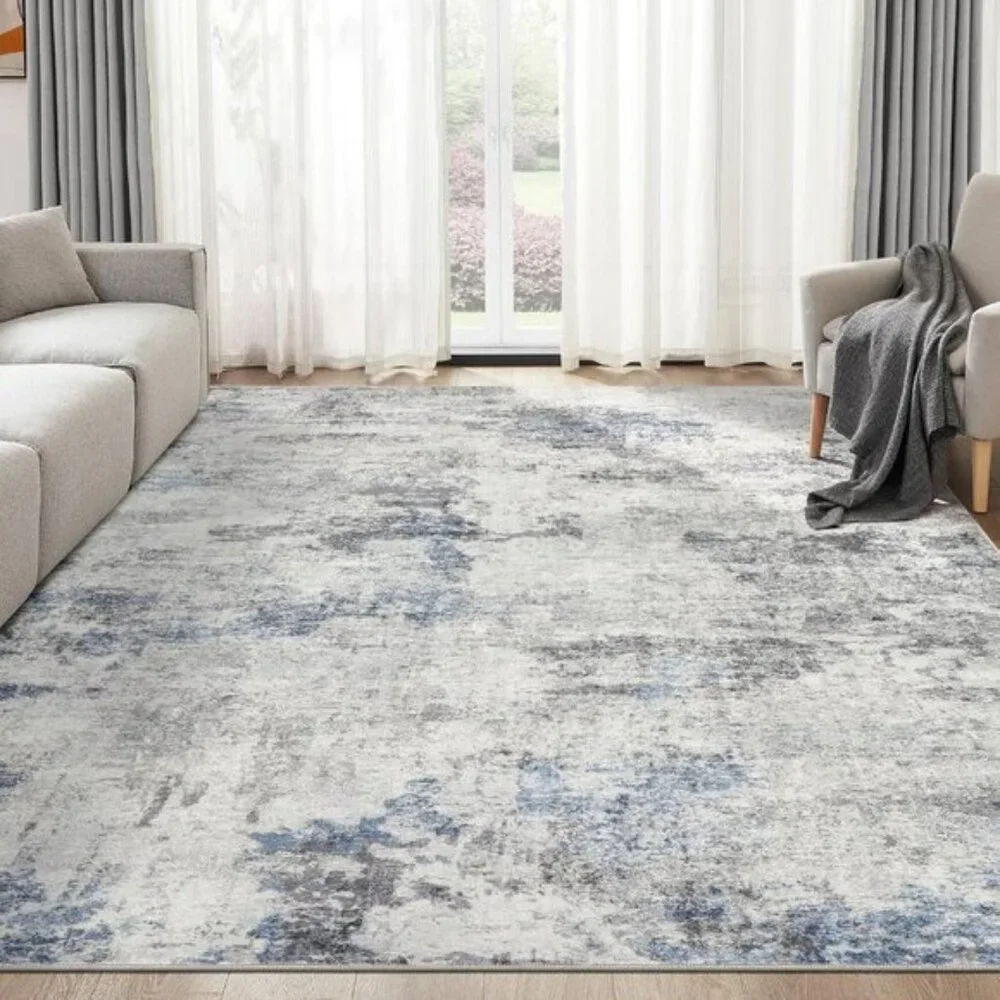 New 6x9 Grey Blue Abstract Rug, Soft Washable Low Pile Carpet for Living Room